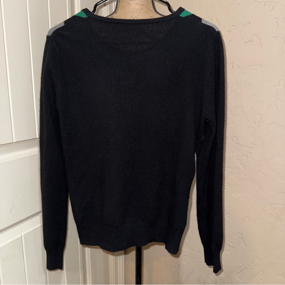 Quiet Luxury 100% Cashmere Cardigan Argyle Sweater Button Black Green Preppy - Picture 3 of 6